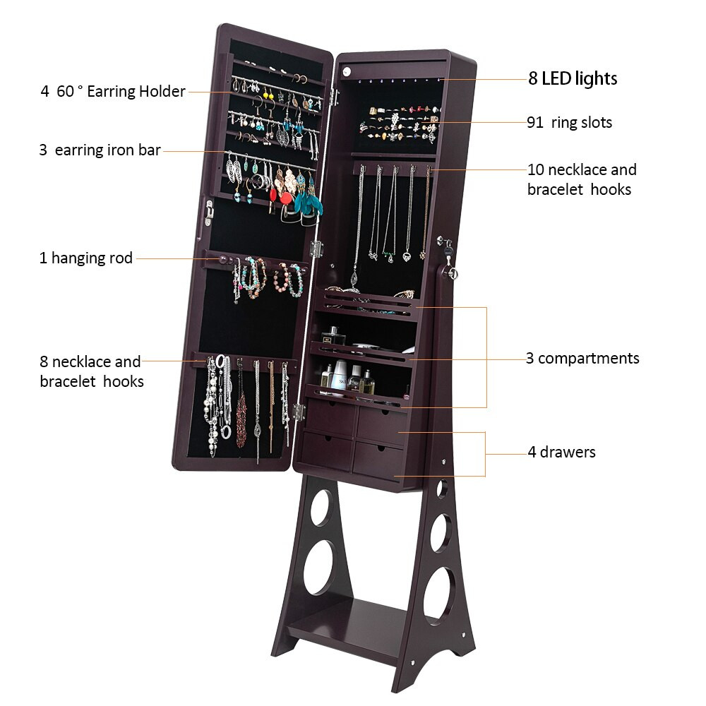 Interior layout of the jewelry storage cabinet with 8 LED lights and multiple compartments.